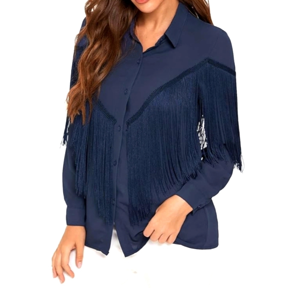NEW...Chic Navy Fringe Button-Up Shirt..SIZE:L - Picture 2 of 13